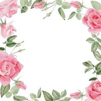 watercolor blooming rose branch flower bouquet wreath frame square banner background vector