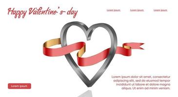 Valentine's Day. Lending. Metallic gradient heart with red ribbon vector