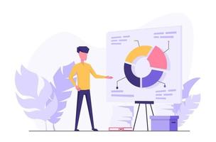 Business analytic. A man does business analytics. On the board is a diagram with indicators vector