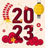 Chinese New Year. Sign 2023 with fireworks, Chinese lanterns, coins, clouds and flowers vector