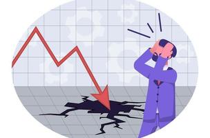 Financial crisis. The arrow punches a hole in the chart, the businessman is desperate. vector