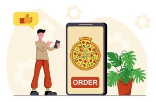 entrega de comida. un hombre pide una pizza a través de una aplicación de entrega móvil. vector