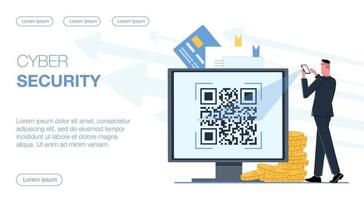 el hombre de negocios escanea el código qr en el monitor de la computadora a través de su teléfono inteligente, lo que proporciona seguridad cibernética. el fondo muestra documentos, una tarjeta bancaria de crédito y monedas de oro. vector