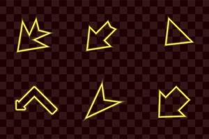 Set of glowing neon arrows. Glowing neon arrow pointers on brick wall background. Retro signboard with bright neon tubes in yellow colors vector