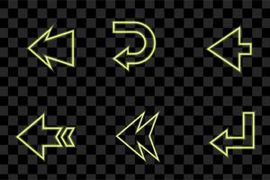 Set of glowing neon arrows. Glowing neon arrow pointers on brick wall background. Retro signboard with bright neon tubes in yellow colors vector