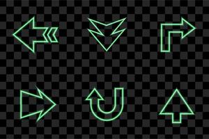 Neon Right Arrows green vector icons set. Realistic glowing pointers on transparent background. Location indicator for casino, bar, cinema, night club and motel, isolated symbols pack.