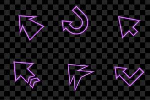 Neon glowing arrow pointer on dark background. Purple and shining retro light sign. Vector design element.