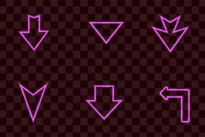 Neon glowing arrow pointer on dark background. Purple and shining retro light sign. Vector design element.