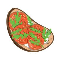 Bruschetta or sandwich on a slice of bread with cream cheese, tomatoes and arugula. Vector isolated food illustration.