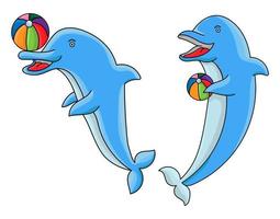 Funny Blue Dolphins Set, Cute Ocean Mammals Performing Tricks Vector Illustration, Playing in balls