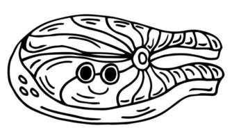 lindo y divertido pez rojo salmón agitando el personaje de la mano. icono de ilustración kawaii de dibujos animados dibujados a mano vectorial. aislado sobre fondo blanco. concepto de personaje de salmón de pescado rojo vector