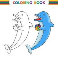 libro de colorear para niños, vector de pelota de juego de delfines