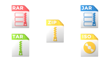 extensions de format de fichier. rar, zip, jar, iso, icônes d'archive de format de fichier tar. arrière-plan transparent. rendu 3d png