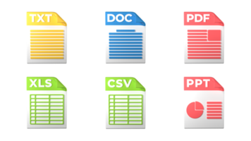 extensiones de formato de archivo. iconos de documentos de formato de archivo txt, doc, pdf, ppt, xls, csv. fondo transparente. representación 3d png