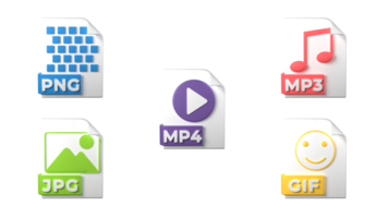 extensiones de formato de archivo. png, mp4, mp3, jpg, iconos de medios de formato de archivo gif. fondo transparente. representación 3d png