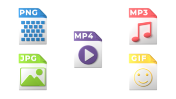 Dateiformaterweiterungen. Mediensymbole im PNG-, MP4-, MP3-, JPG- und GIF-Dateiformat. transparenter Hintergrund. 3D-Rendering png