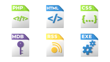 extensiones de formato de archivo. Iconos de programador de formato de archivo php, html, css, mdb, exe, rss. fondo transparente. representación 3d png