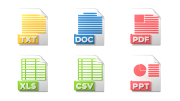 extensiones de formato de archivo. iconos de documentos de formato de archivo txt, doc, pdf, ppt, xls, csv. fondo transparente. representación 3d png