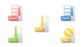 extensions de format de fichier. rar, zip, jar, iso, icônes d'archive de format de fichier tar. arrière-plan transparent. rendu 3d png