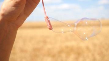 charming lady blows soap bubbles close up in slow motion video