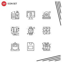 9 User Interface Outline Pack of modern Signs and Symbols of music mic security star player Editable Vector Design Elements