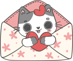 Cute happy Valentine smile kitty cat and red heart in sweet Love letter cartoon doodle png