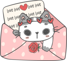 niedliche glückliche valentinsgrußlächeln-kätzchenkatze und rotes herz im süßen liebesbrief-karikaturgekritzel png
