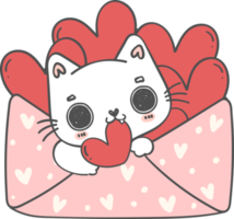 Cute happy Valentine smile kitty cat and red heart in sweet Love letter cartoon doodle png