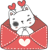 lindo sorriso feliz dos namorados gato gatinho e coração vermelho em doce carta de amor desenho animado doodle png