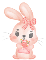 aquarelle de personnage de dessin animé mignon lapin rose doux heureux png