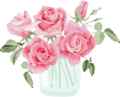 ramo de flores de rosa rosa acuarela en jarrón de vidrio para el día de san valentín png