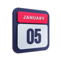gennaio realistico calendario icona 3d illustrazione Data gennaio 05 png