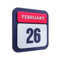 ícone de calendário realista de fevereiro ilustração 3d data 26 de fevereiro png