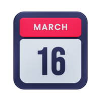 ícone de calendário realista de março ilustração 3d data 16 de março png