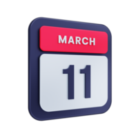ícone de calendário realista de março ilustração 3d data 11 de março png