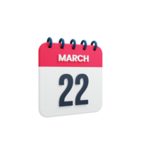 ícone de calendário realista de março ilustração 3d data 22 de março png