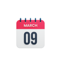 March Realistic Calendar Icon 3D Illustration Date March 09 png