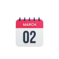 ícone de calendário realista de março ilustração 3d data 02 de março png