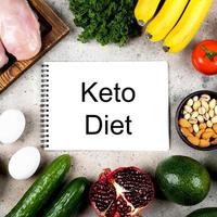 Keto diet food concept. chicken fillet, eggs, green vegetables, tomatoes, nuts and fruits on light concrete table background. Flat lay, top view photo