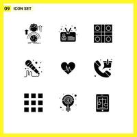 Pack of 9 creative Solid Glyphs of ecg microphone user mic ludo game Editable Vector Design Elements