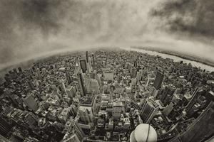 old style new york manhattan cityscape aerial view on foggy day photo