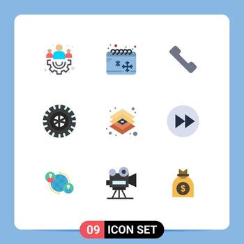 conjunto de colores planos de interfaz móvil de 9 pictogramas de herramientas rueda de diseño de llamada gráfica elementos de diseño vectorial editables vector