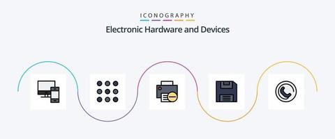 Devices Line Filled Flat 5 Icon Pack Including phone. save. computers. floppy. printer vector