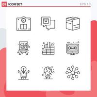 paquete de 9 signos y símbolos de contornos modernos para medios de impresión web, como elementos de diseño de vectores editables de lienzo de proceso de cuadro de análisis de gráficos