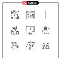Pack of 9 creative Outlines of computer chart page team group Editable Vector Design Elements