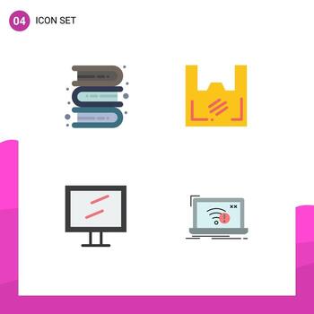 4 iconos planos universales establecidos para aplicaciones web y móviles, libros, aprendizaje informático, elementos de diseño de vectores editables de mac de plástico
