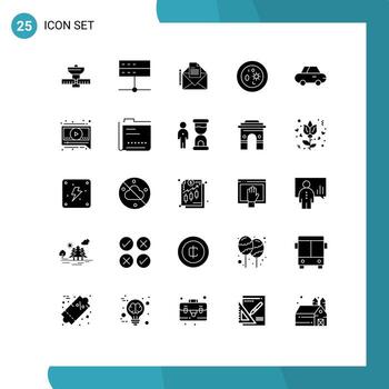 Conjunto de 25 glifos sólidos universales para aplicaciones web y móviles servidor de biología de platos bioquímica fax elementos de diseño vectorial editables vector