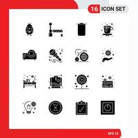 Pack of 16 Modern Solid Glyphs Signs and Symbols for Web Print Media such as microphone movie sets film tea Editable Vector Design Elements