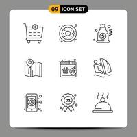 Modern Set of 9 Outlines and symbols such as shopping shield dollar quality pin Editable Vector Design Elements