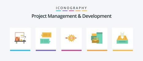 Project Management And Development Flat 5 Icon Pack Including identity. advertising. conversations. production. development. Creative Icons Design vector